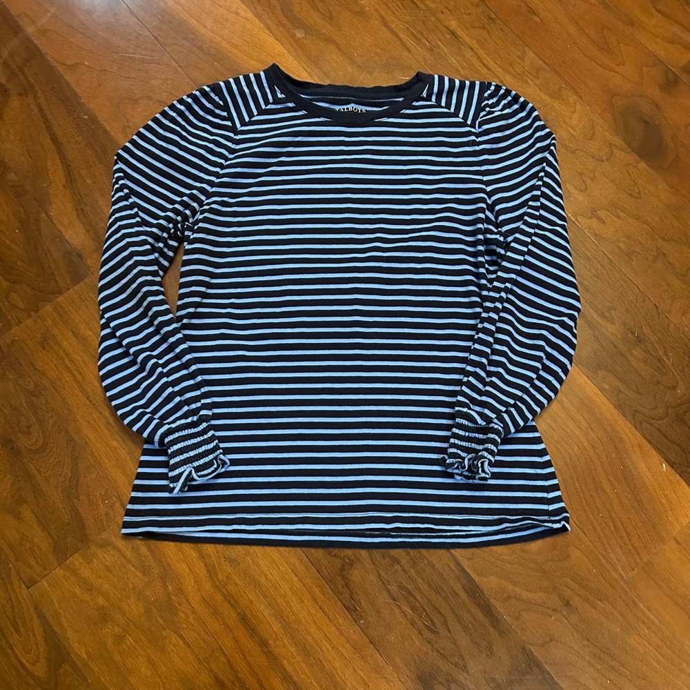 Talbots Petite Striped Long Sleeve Top Women's LP Black Blue Cotton