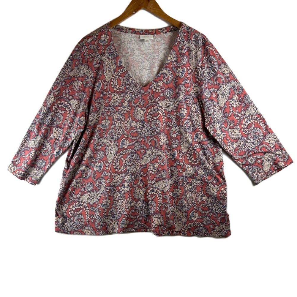 Pure Jill J Jill Womens 2X Paisley V-Neck 3/4 Sleeve Top Pink Purple KTP240001