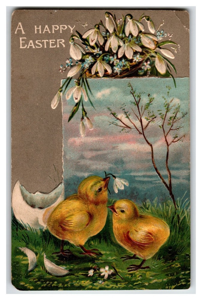 Vintage Embossed Easter Postcard Chicks Snowdrops Made in Germany Early 1900s
