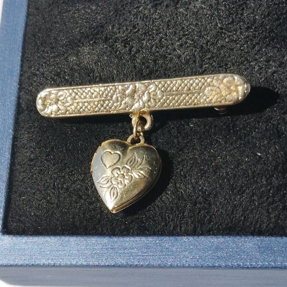 Vintage Gold Tone Heart Locket Brooch Floral Engraved Bar Pin Cottagecore Gift