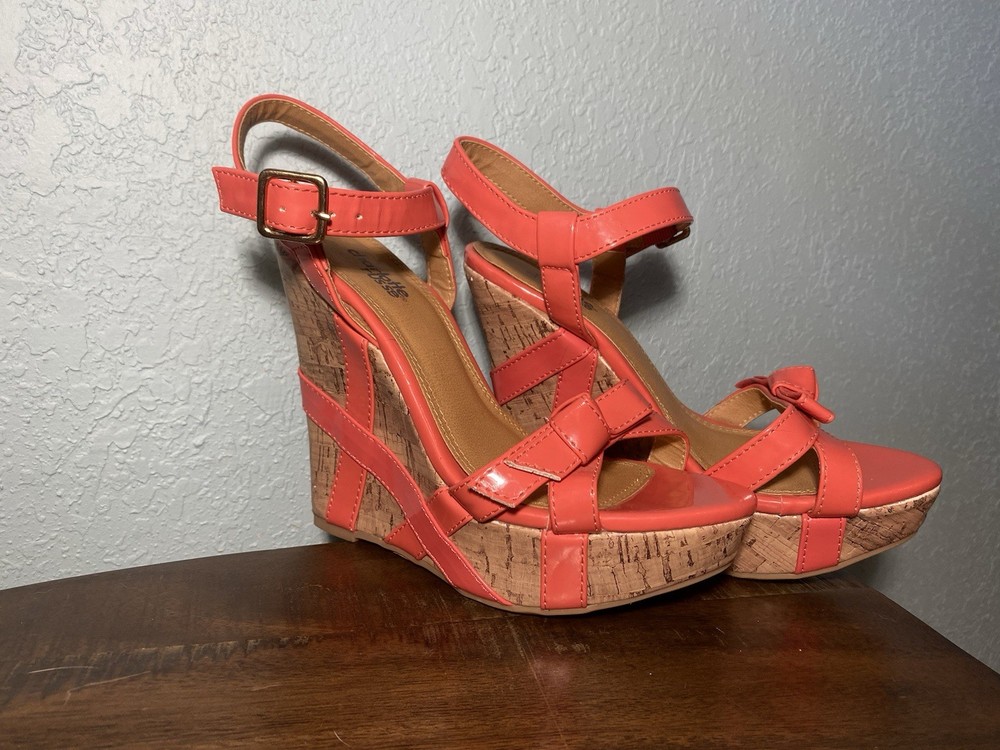 Charlotte Russe Coral  Wedge Sandals Size 6 Faux Cork Platform Crisscross Straps