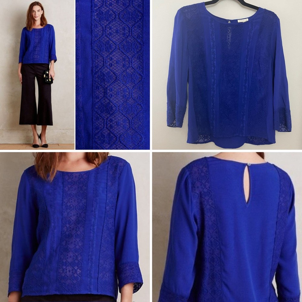 Anthropologie Meadow Rue Feminine Delicate Salina Blue Lace Crochet Blouse S/M
