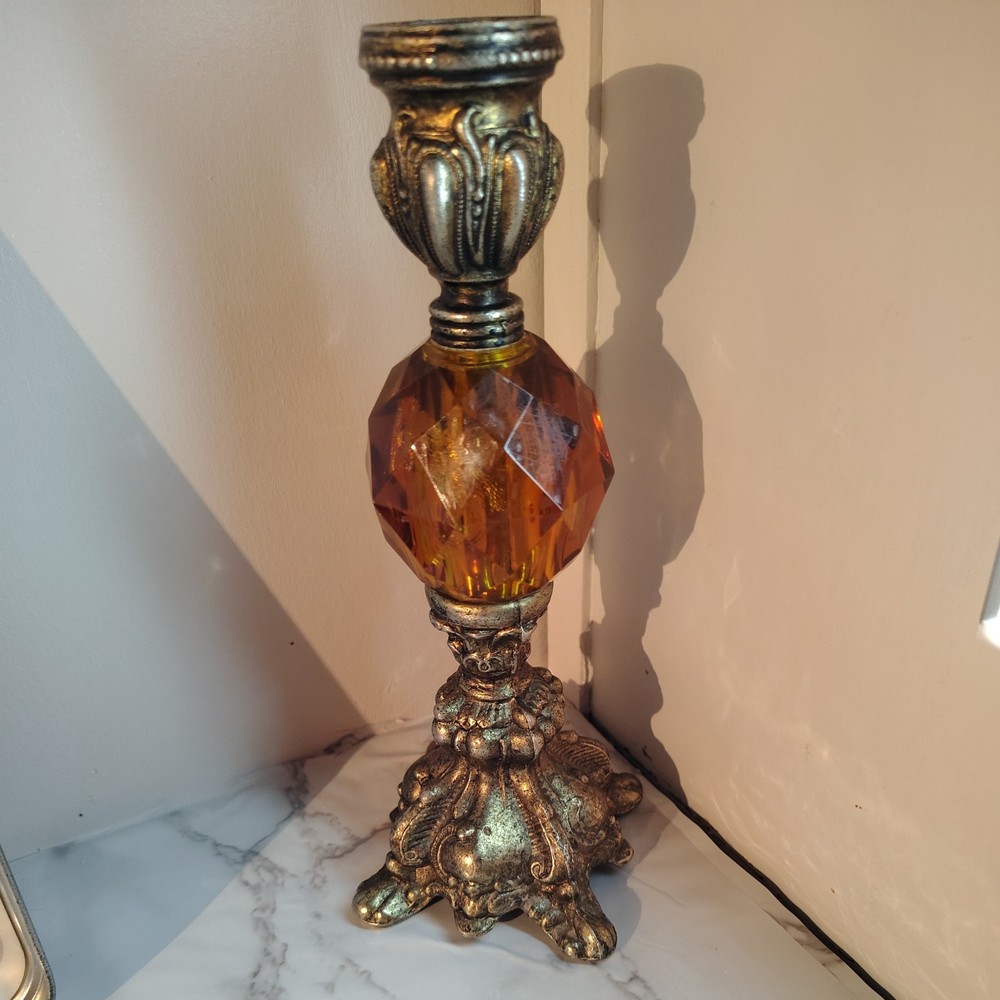 Vintage Candle Holder Brass and Amber Lucite Candlestick 8