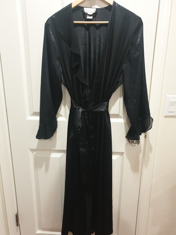 MorganTaylor Intimates Robe Womens L Black Satin Sheer Ruffle Cuffs  Belted
