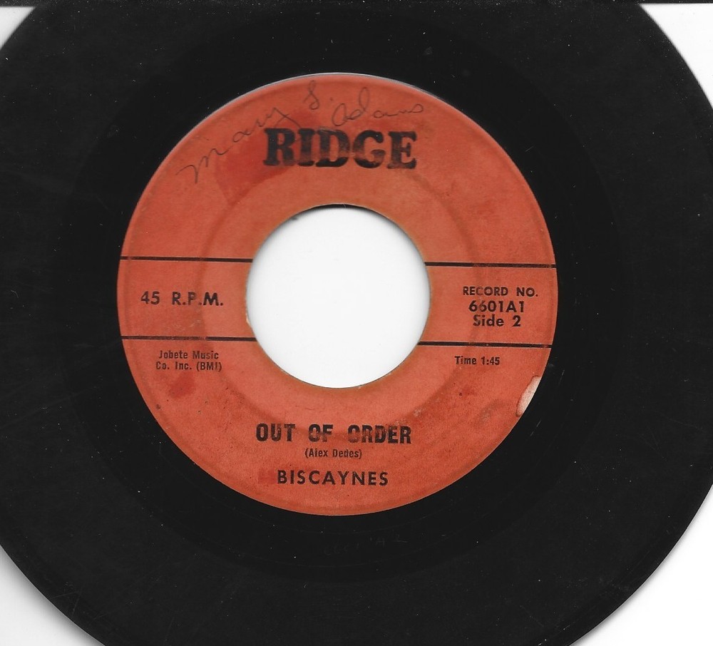Surf Garage Instros 45 - Biscaynes - Mis-Beat  / Out Of Order- Hear- 1959 Ridge