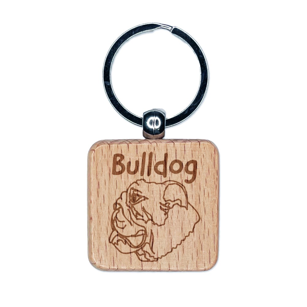 Bulldog Face Profile Sketch Engraved Wood Square Keychain Tag Charm