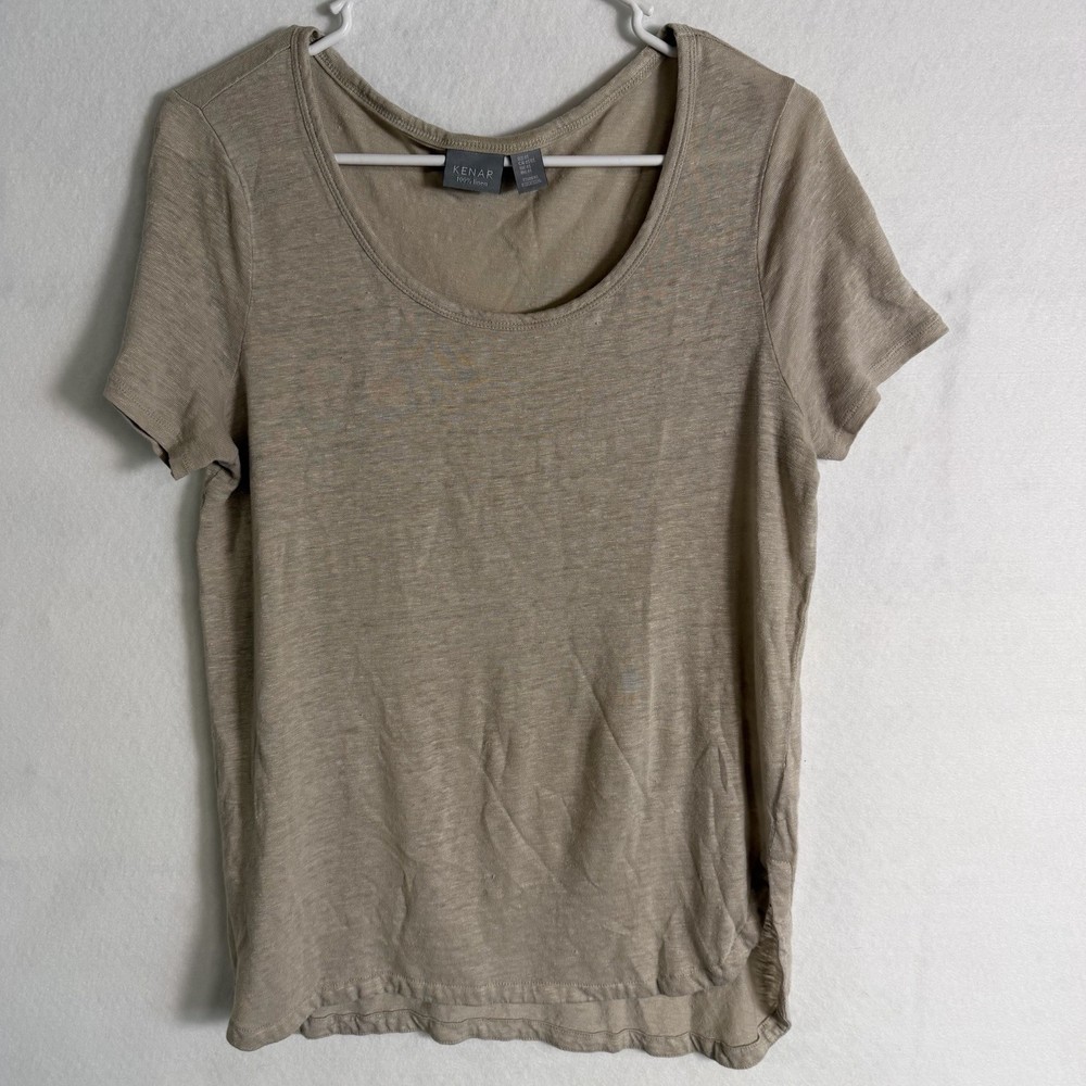 KENAR 100% Linen Shirt Womens M Beige Short Sleeve Top Minimalist Casual Neutral