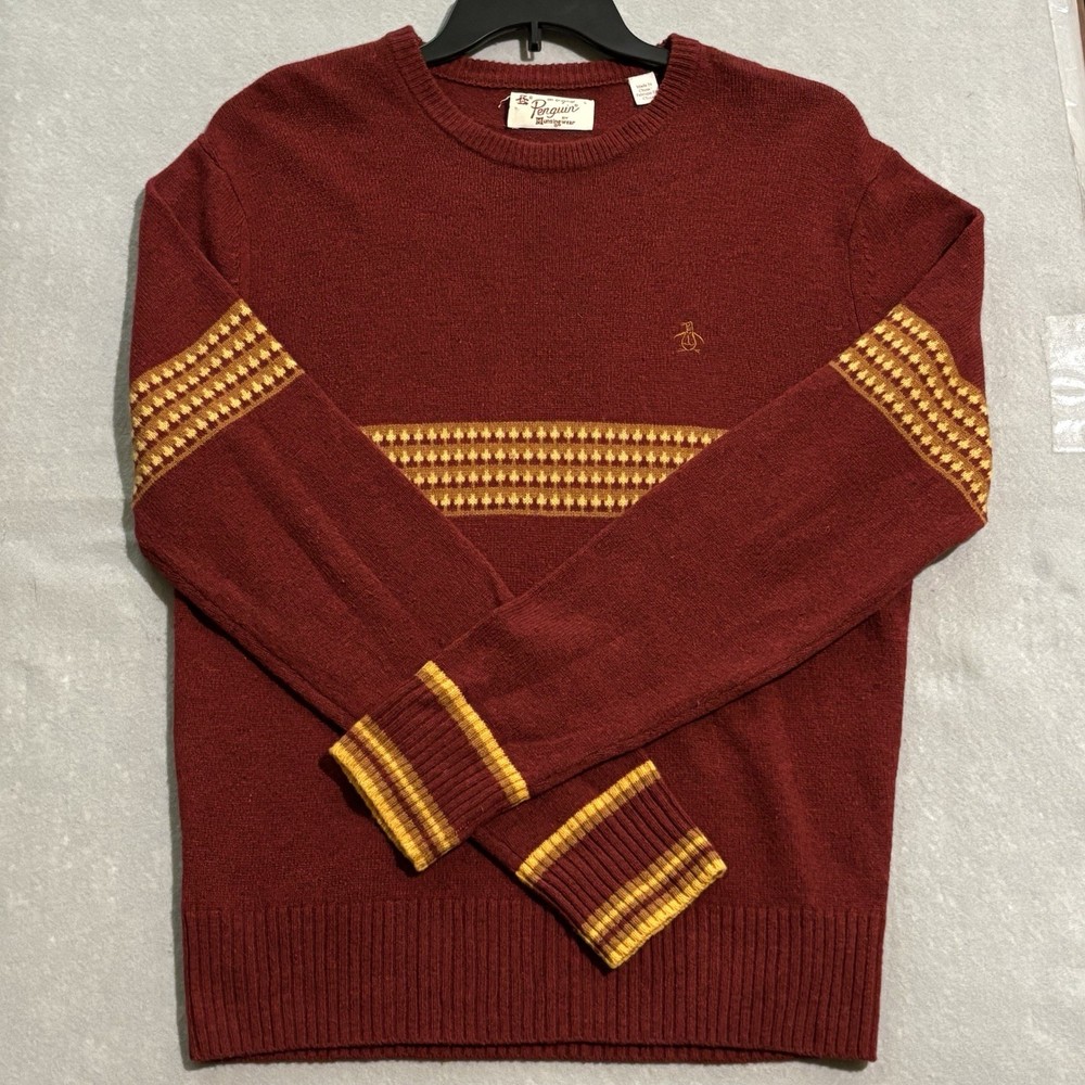 PENGUIN Sweater Men Sz L Maroon 100% Lambswool Preppy Fair Isle Business Casual