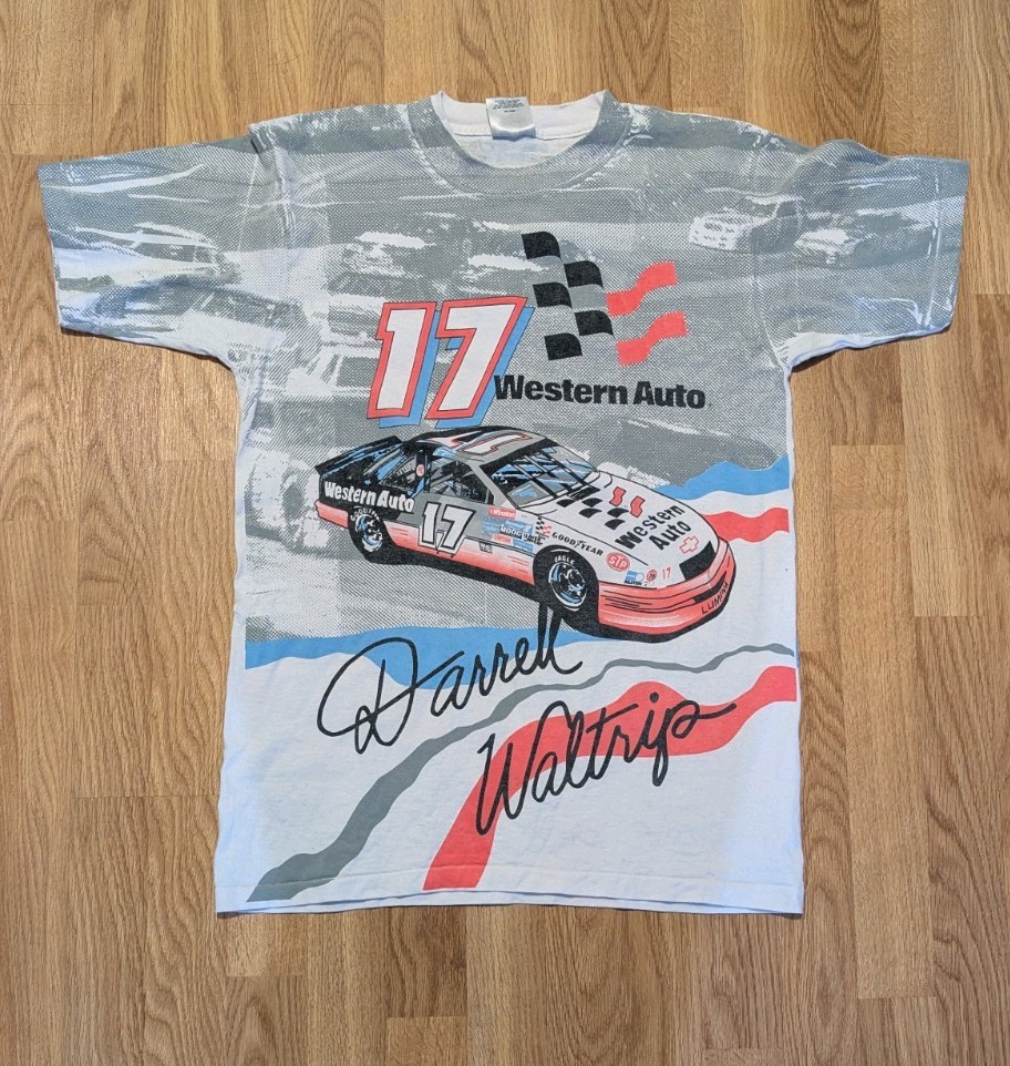 VINTAGE NASCAR ALL OVER PRINT DARRELL WALTRIP TEE SHIRT LARGE MADE USA