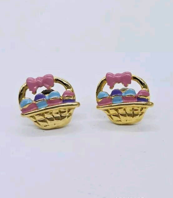 Easter Basket Earrings Earrings Pierced Enamel Pink Blue Gold tone .5 in