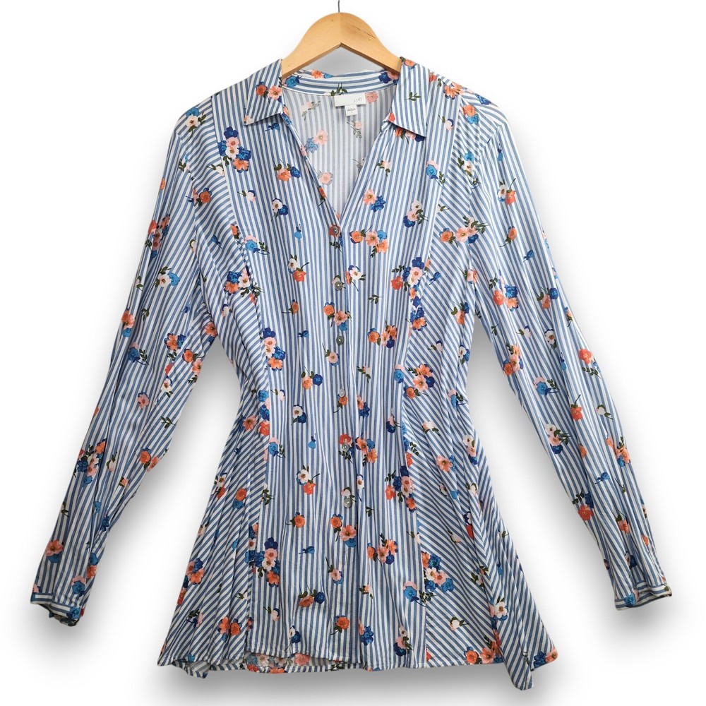J. Jill Floral Striped Long Sleeve Shirt Tunic Top Blue White Size Large