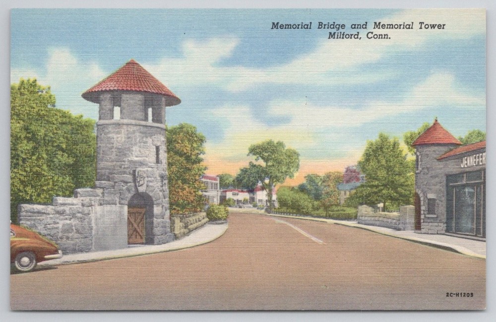 Milford CT Memorial Bridge & Tower Linen Postcard Curteich Colortone Vintage