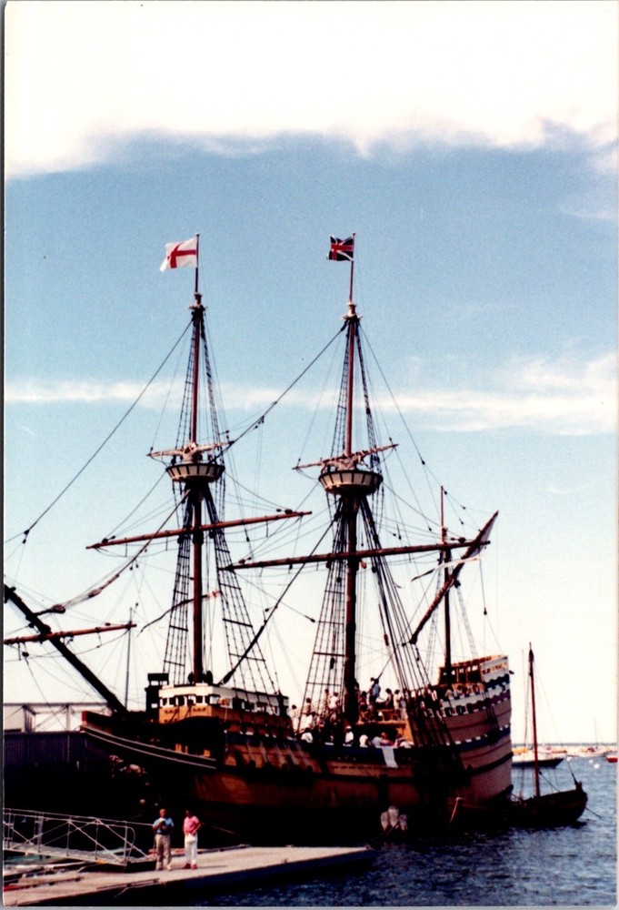 Vintage Color Photo of Historic Replica Mayflower Ship at Dock with Visitors 3x5