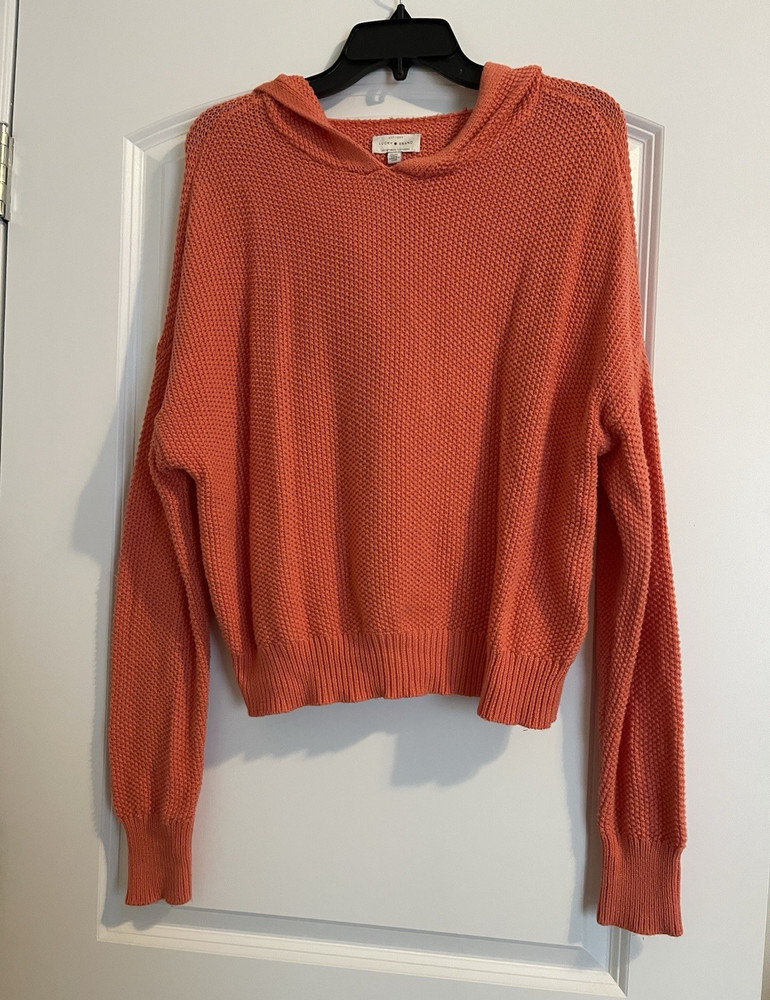 Lucky Brand Orange Solid Knit Pullover Sweater Hooded Neck Long Sleeve Womens M