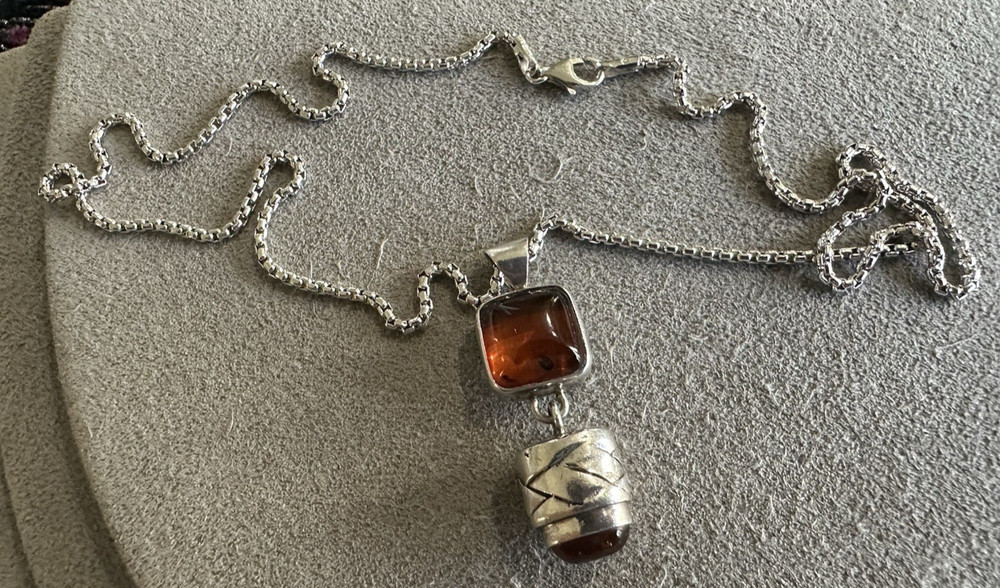 Lori Bonn Sterling Silver Two Piece Cognac Amber Dangle Pendant Necklace 18