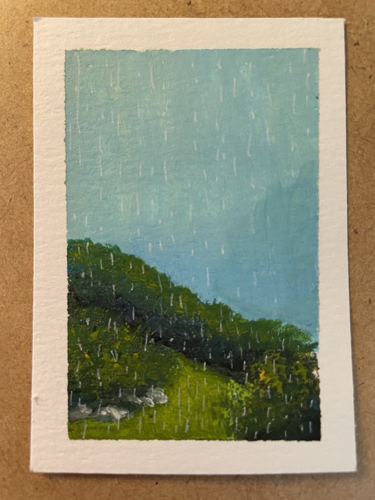 ACEO Rain Trees Sky Clouds Landscape Original Acrylic On Paper Emily Daley“Rainy Day”