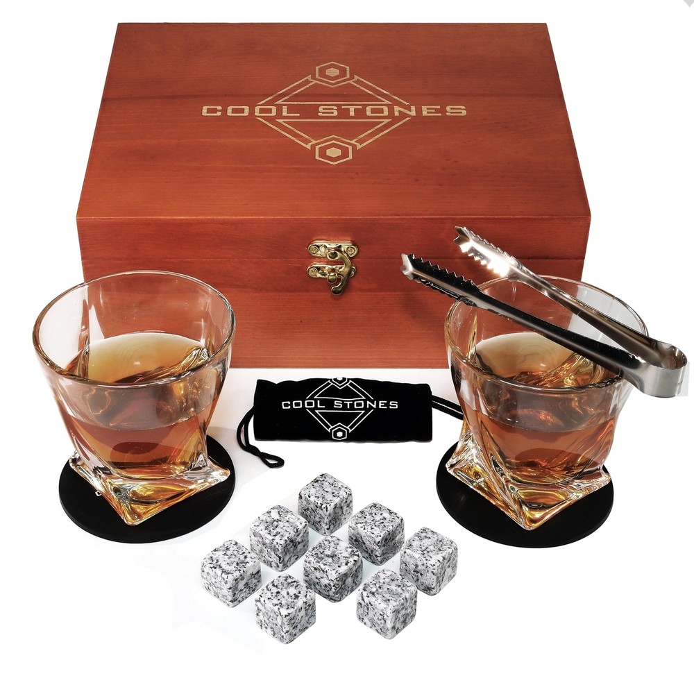 Whiskey Glass Set with 2 Glasses and Stones with Tongs in Velvet Box