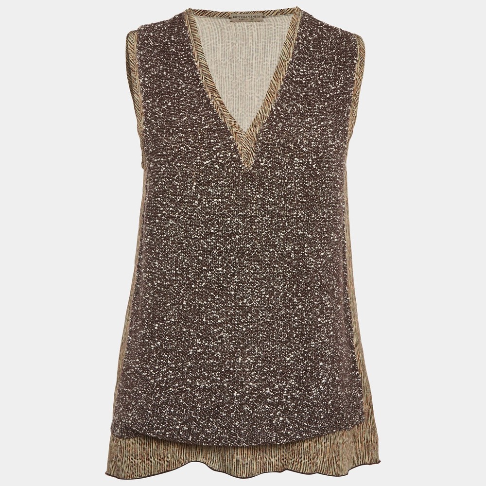 Bottega Veneta Brown Tweed and Silk VNeck Tank Top M