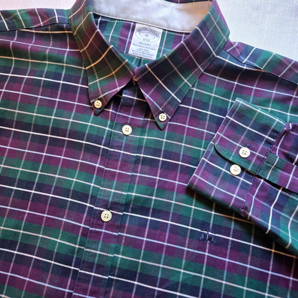 Brooks Brothers 1818 Regent Non-Iron Plaid Button Down Shirt Men XL Purple Green