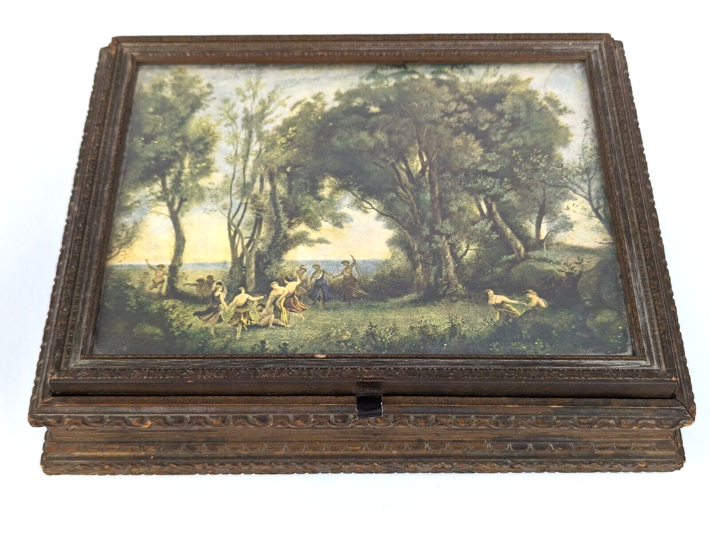 Art Deco Carved Wood Jewelry Trinket Box Dance of the Nymphs Litho Lid w Mirror