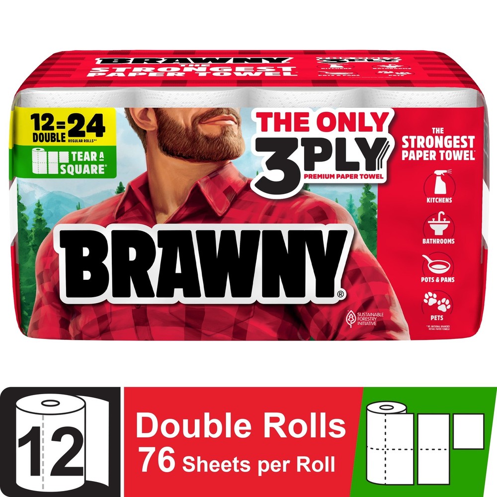 Brawny Tear-a-Square 3-Ply Paper Towels, 12 Double Rolls