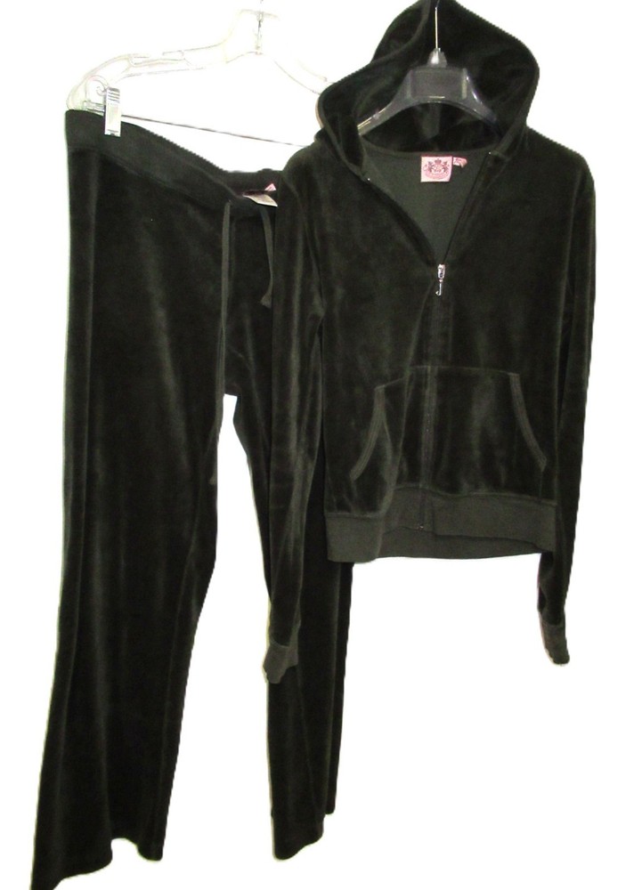 Juicy Couture OLIVE Velour Tracksuit Set ~ Hoodie & Flared Pant Y2K Size M/L
