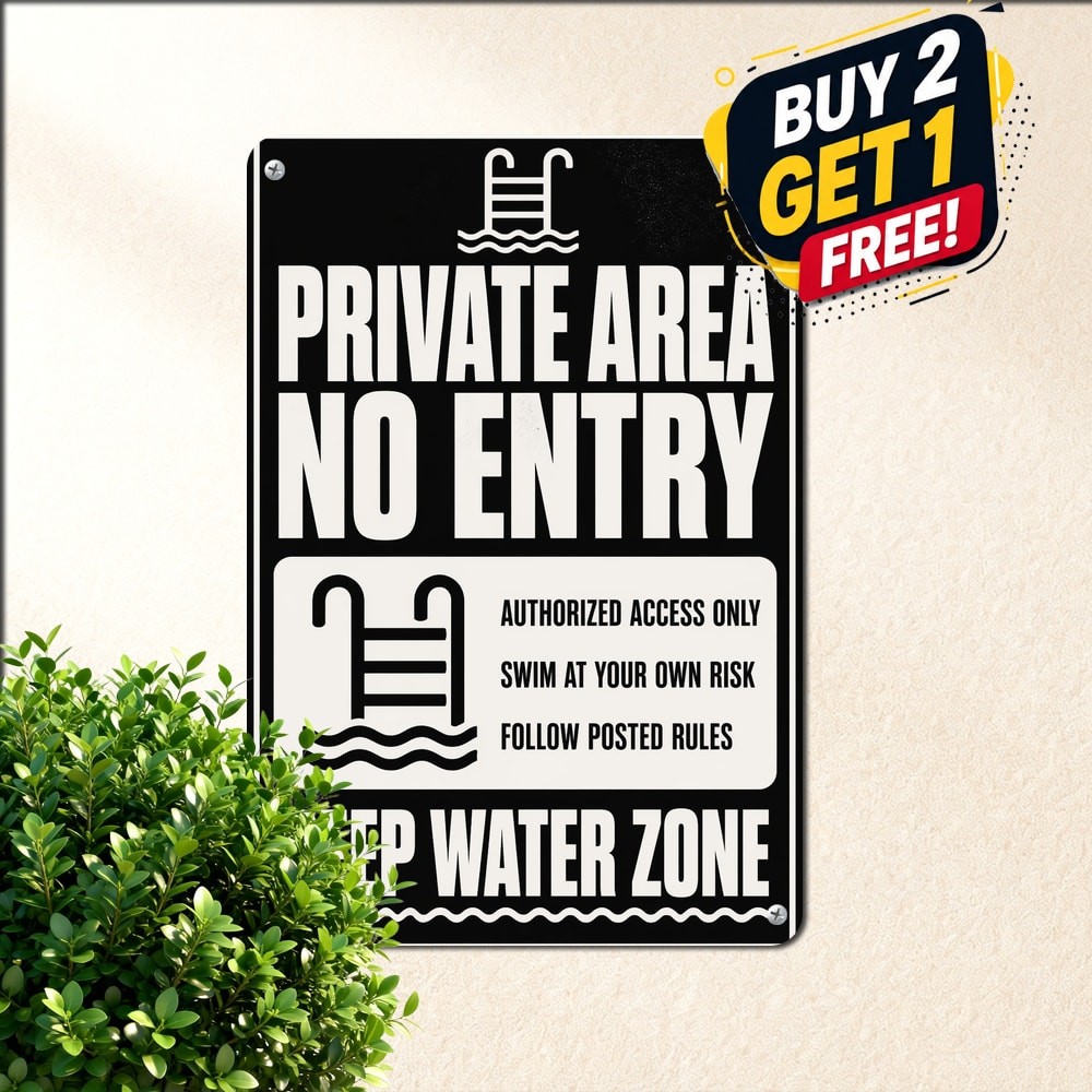 Bold Black White Typography Pool Safety Warning Sign Outdoor Notice Metal Plaque