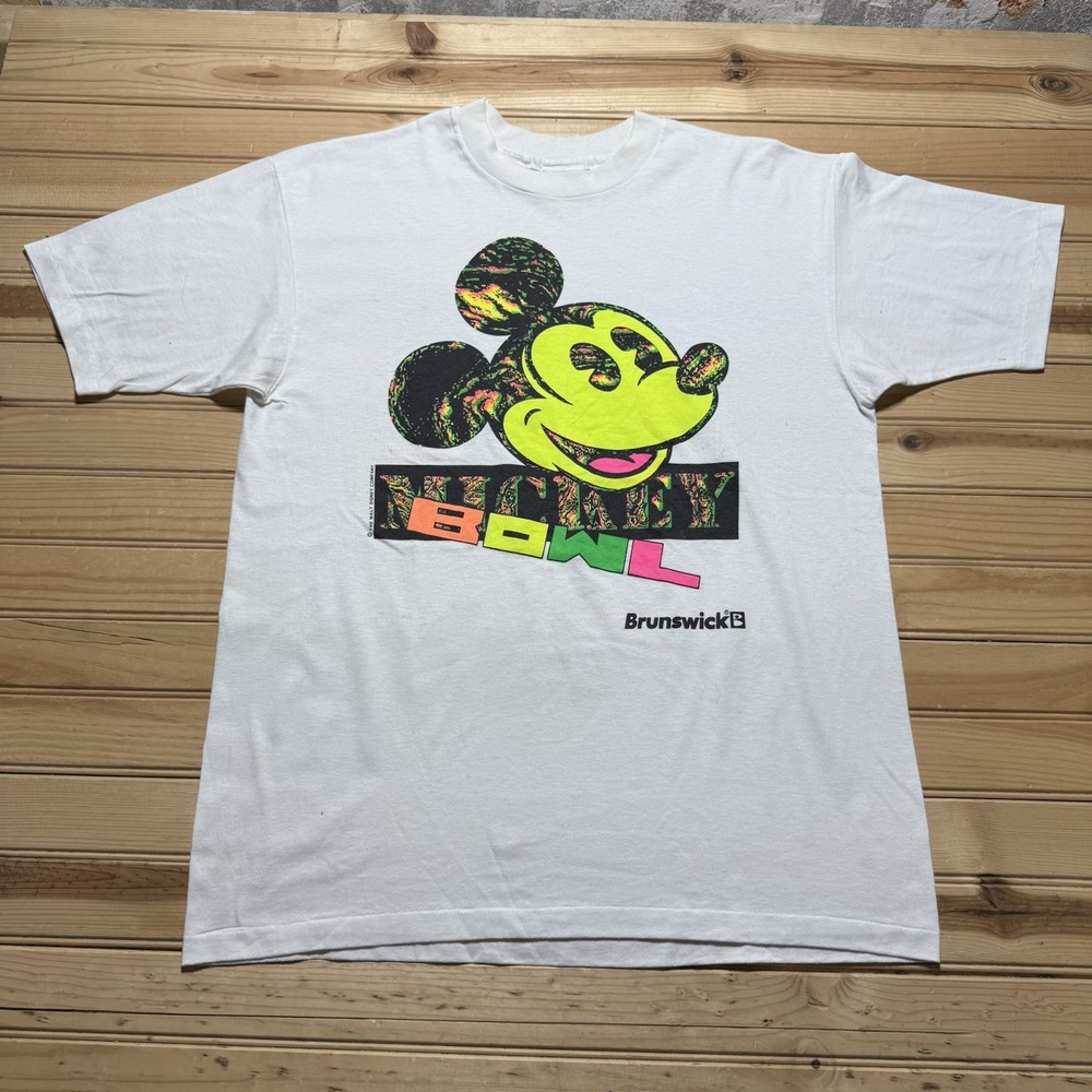 Vintage 90s Walt Disney Mickey Mouse Neon Brunswick Bowl Bowling Shirt Size XL