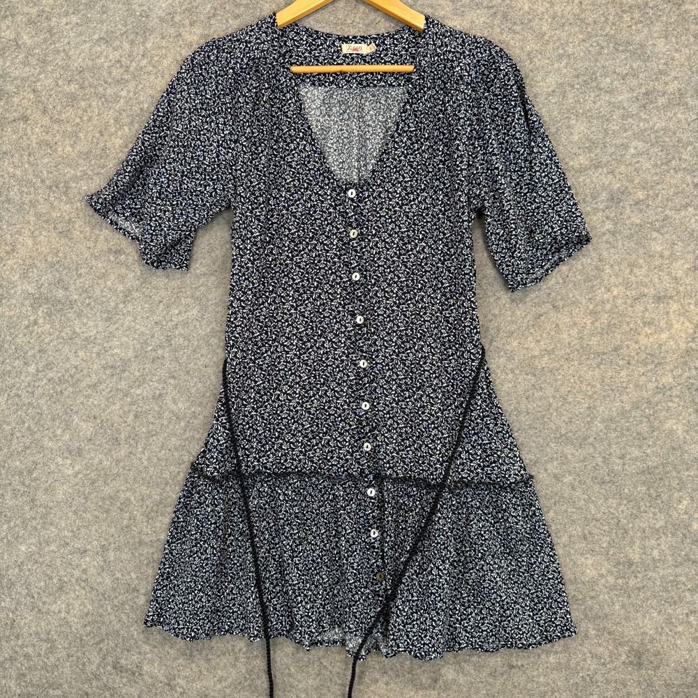 Faherty Dress Womens Small Orinda Tie Waist Button Up Crepe Mini Dress Navy