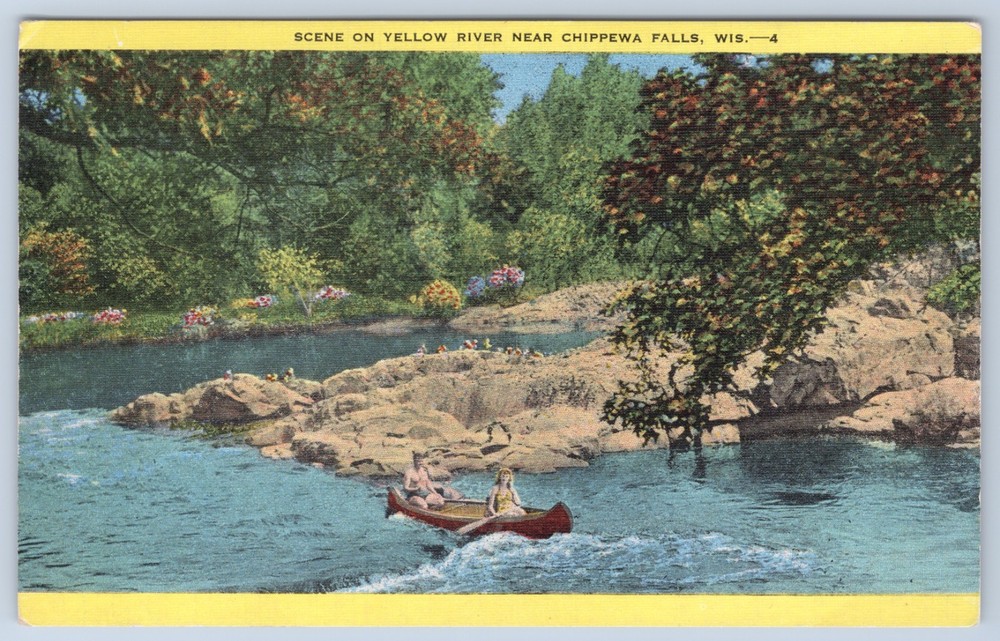 Wisconsin Chippewa Falls Canoeing on Yellow River Postcard