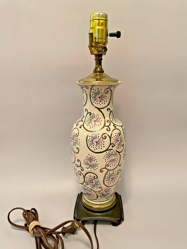 Vintage Chinoiserie Pink & Gold Floral Ceramic Table Lamp No Shade