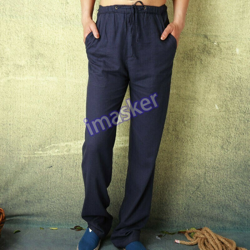 Men's Cotton Linen Harem Pants Elastic Waist Breathable Kung Fu Casual Trousers