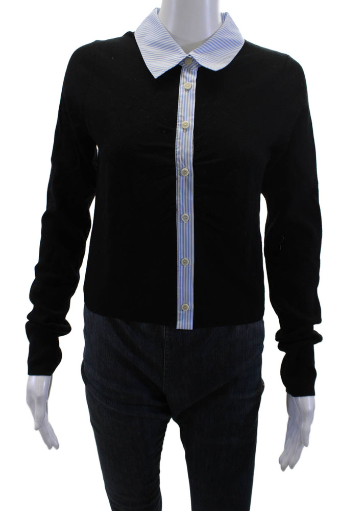 Naadam Womens Black Striped Collared Button-Up Cotton Cashmere Top Size LFree Shipping in US $100+ Orders | $6.95 Orders Below