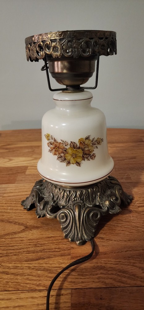 Vintage Hurricane Electric Lamp Base White Opalescent Glass With Floral