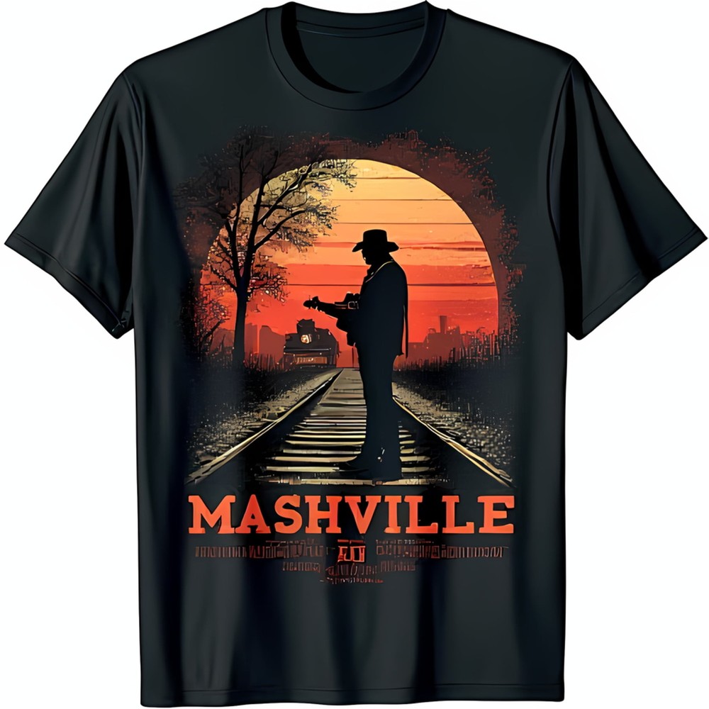 Black T-Shirt with Sunset Guitarist Graphic Print MASHVILLE Design