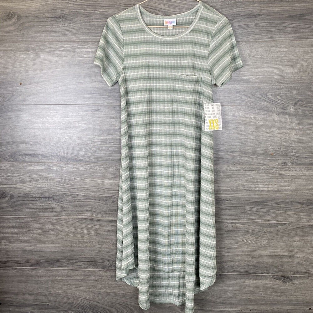 Lularoe Carly Dress Women's Size XXS Green Striped w/ Front Pocket