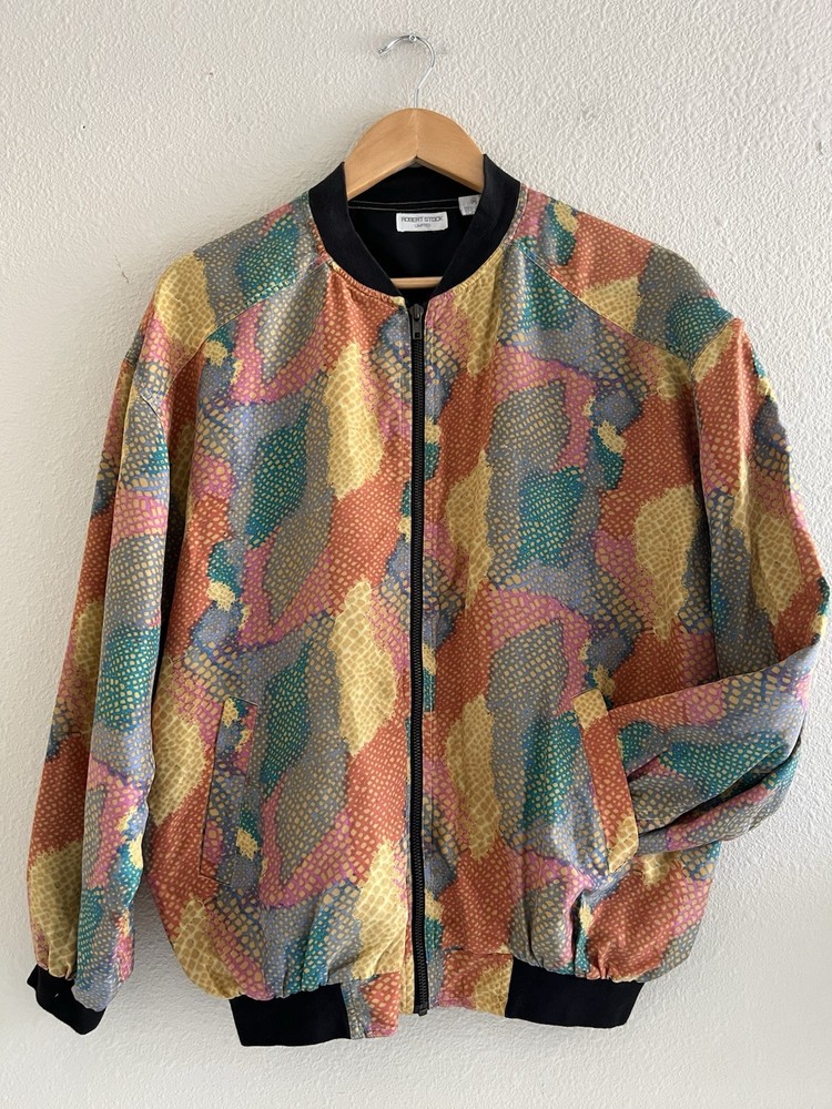 Robert Stock Vintage Silk Multicolor Bomber Jacket Size Medium Retro Festival 90