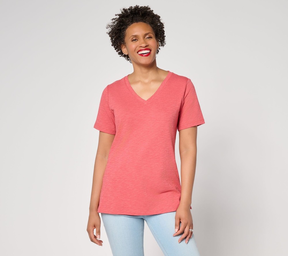 Denim & Co. Women's Top Plus Sz 1X Naturals Linen Blend Crossover Pink A644479