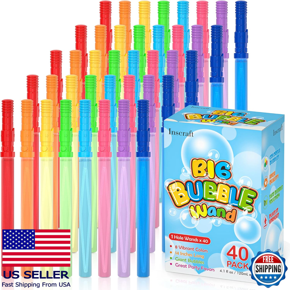 40-Pack Large 14-Inch Bubble Wands in 8 Colors for Summer Fun