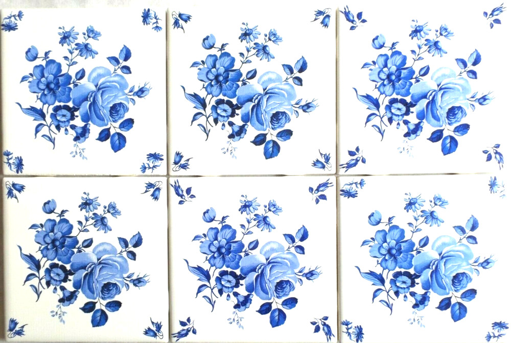 Blue Delft Flowers Roses set of 6 Kiln Fired Tiles 4.25