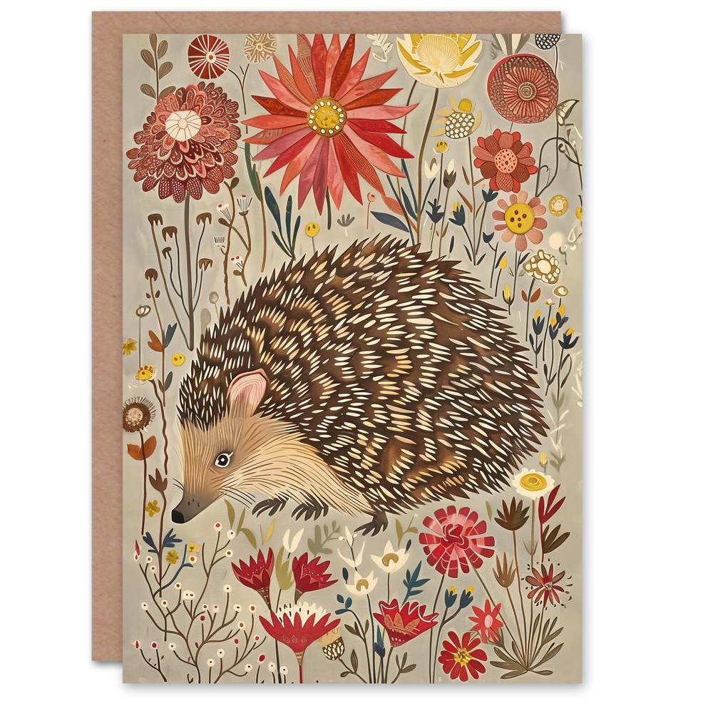 Greeting Card Cute Hedgehog Floral Artwork Rustic Woodland Blank Birthday