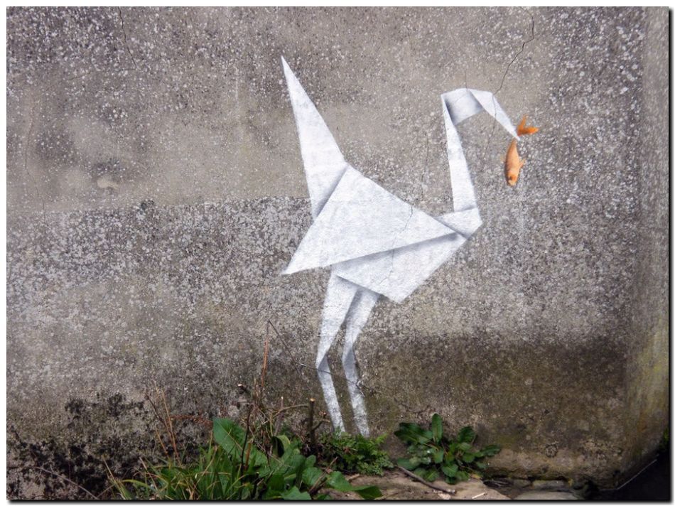 BANKSY STREET ART *FRAMED* CANVAS PRINT Origami Crane and fish 18x12