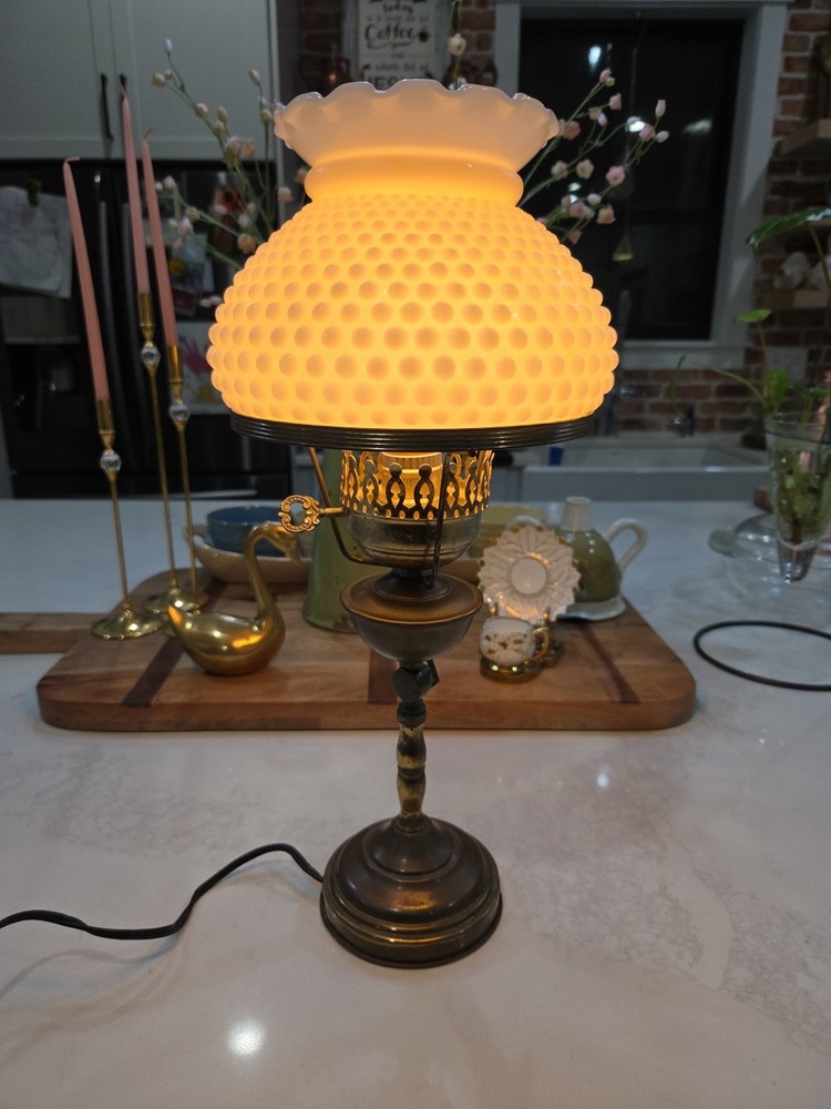 Vintage Hobnail Milk Glass Hurricane Table Lamp Brass Electric Parlor Light