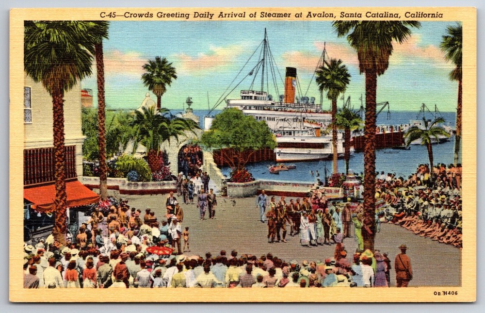 Santa Catalina California~Crowds Greeting Steamer @ Avalon~Vtg Linen Postcard