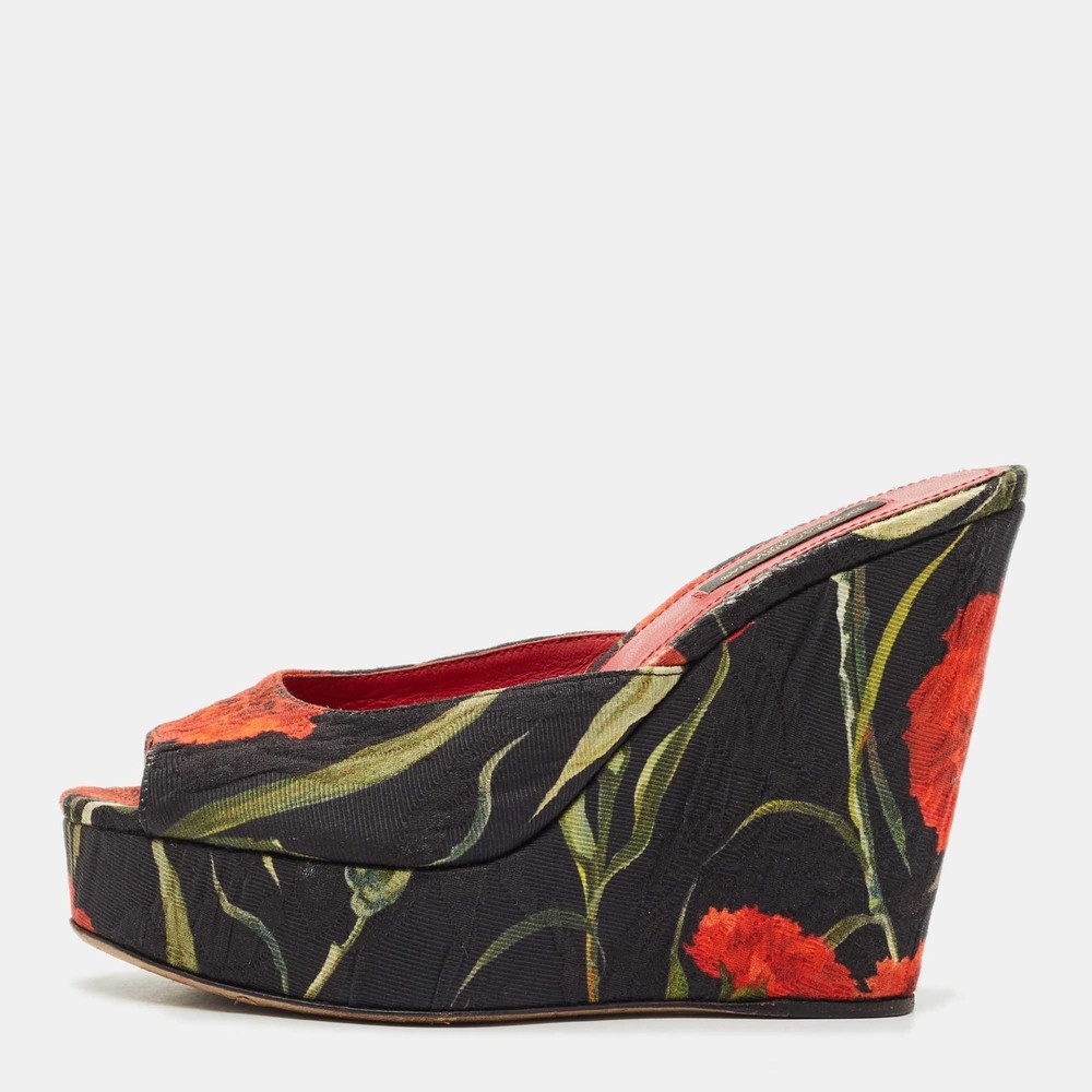 Dolce Gabbana Multicolor Fabric Floral Print Wedge Platform Slide Sandals Size