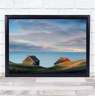 Cabins Sea Seascape Ocean Buildings Sky Clouds Water Horizon Wall Art Print
