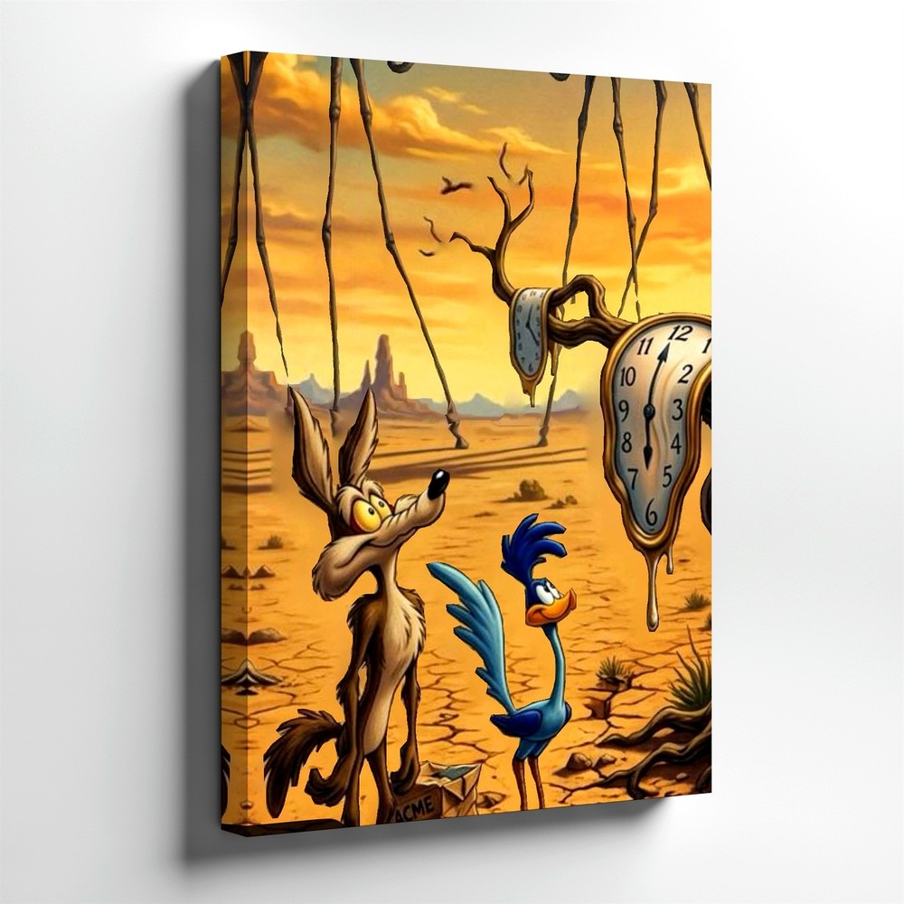 Wall Art Desert Cartoon Coyote Bird Surreal Melting Clocks Canvas Print Decor