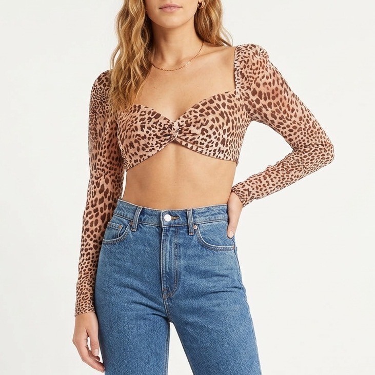 Naked Wardrobe The Statement Leopard Print Puff Sleeve Crop Top Small