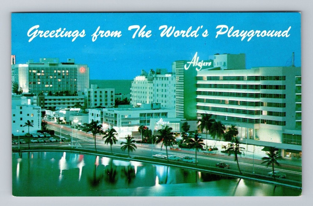 Florida FL Miami Beach Night View Vintage Postcard