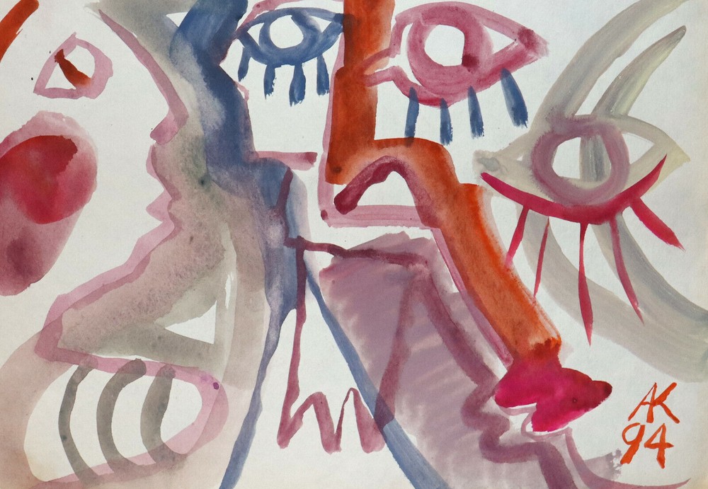 Signed abstract modernist watercolor painting with vibrant composition-image